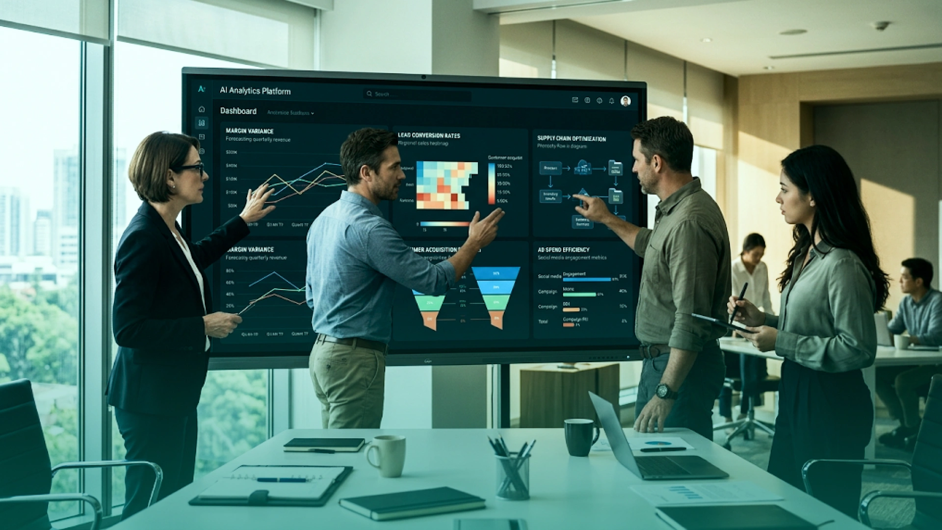 Business team discussing AI-powered analytics on a large dashboard displaying sales trends, conversion rates, financial metrics, and supply chain optimization insights.