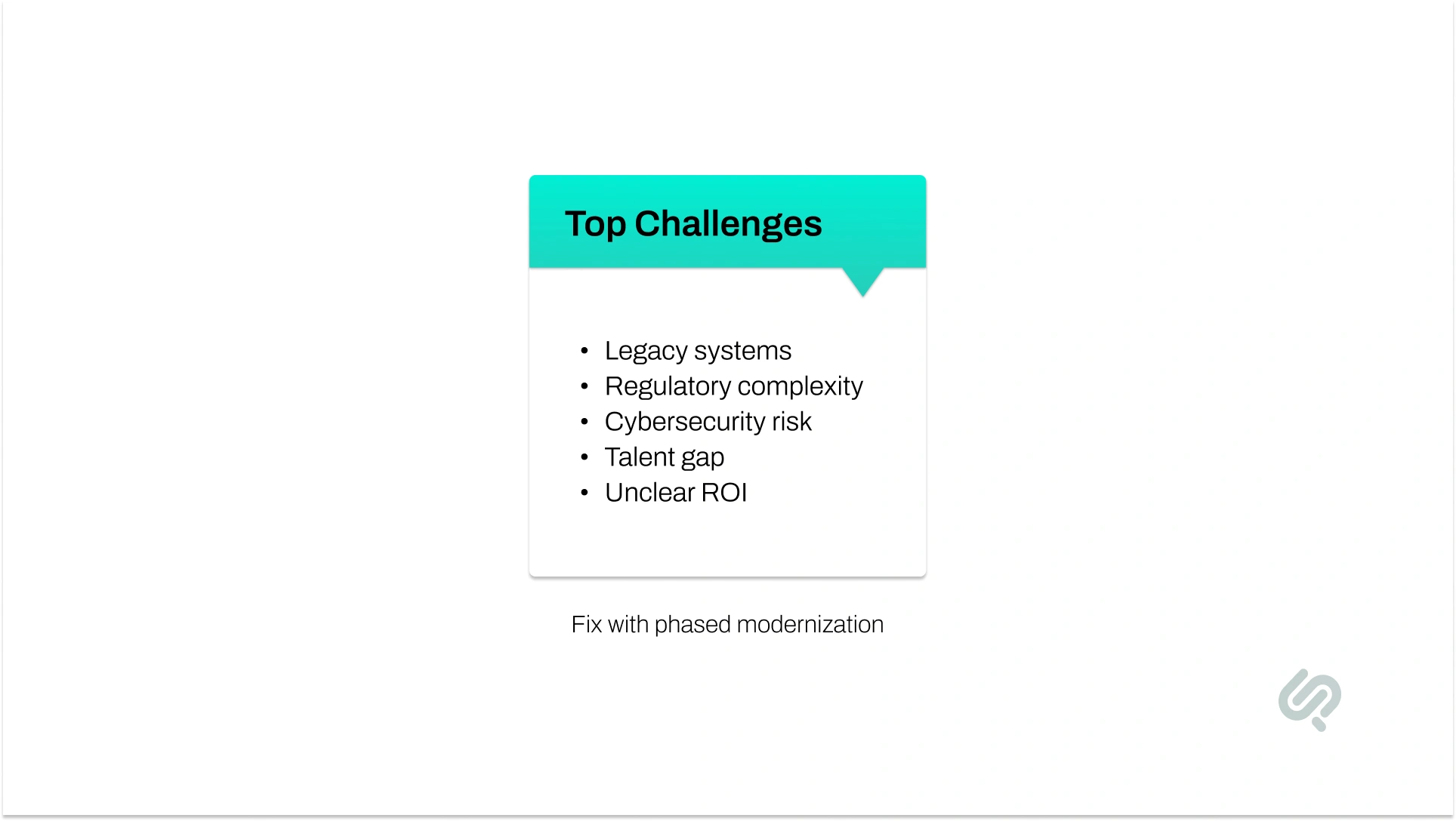 Five major challenges of digital transformation in banking, including legacy systems, regulatory complexity, cybersecurity risks, talent gaps, and unclear ROI, addressed through phased modernization.