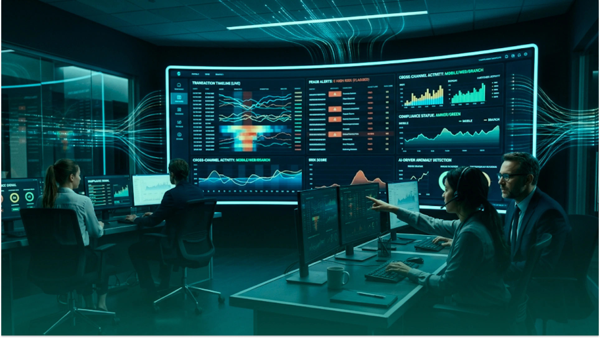 Banking operations team monitoring real-time transaction data, fraud alerts, compliance status, and AI-powered analytics on digital dashboards to improve operational visibility before core banking system modernization.
