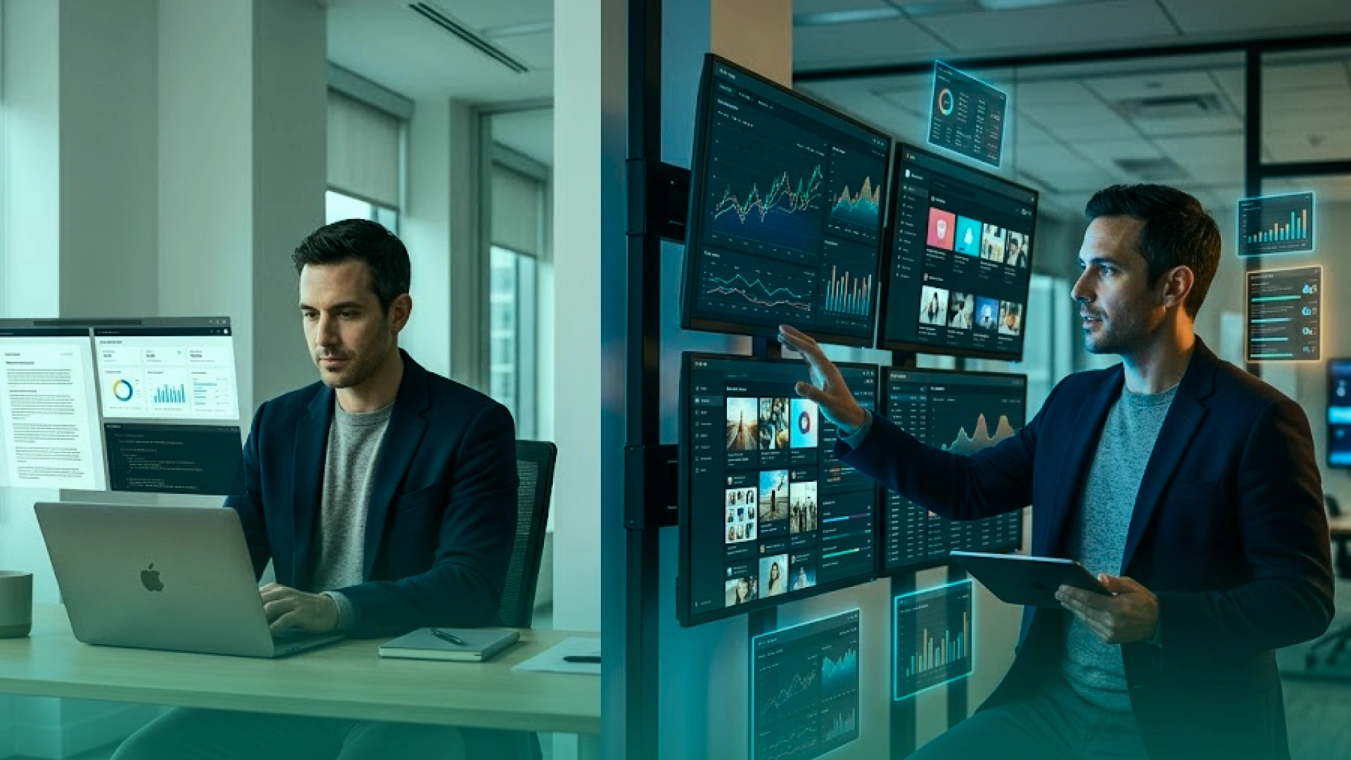 Split-screen illustration comparing structured AI research and document workflows with real-time social media monitoring and trend analysis.
