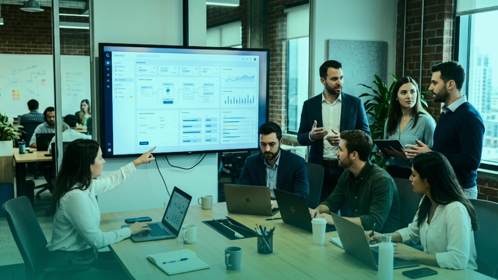 Business professionals collaborating in a modern office while reviewing AI-powered workflow dashboards, analytics, and productivity tools.