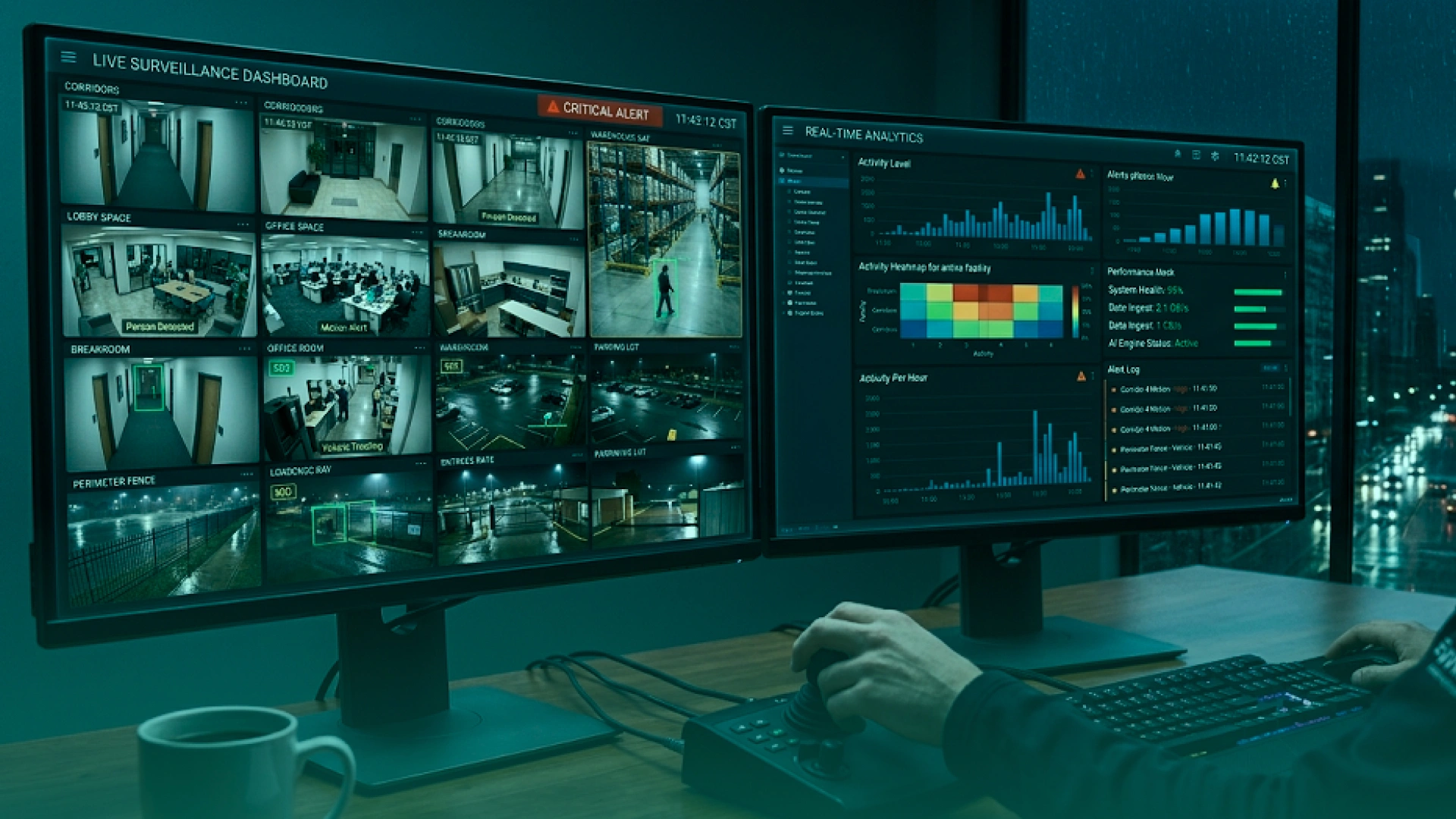 AI-powered real-time surveillance dashboard displaying multiple CCTV camera feeds, security alerts, activity analytics, and monitoring data across two screens.