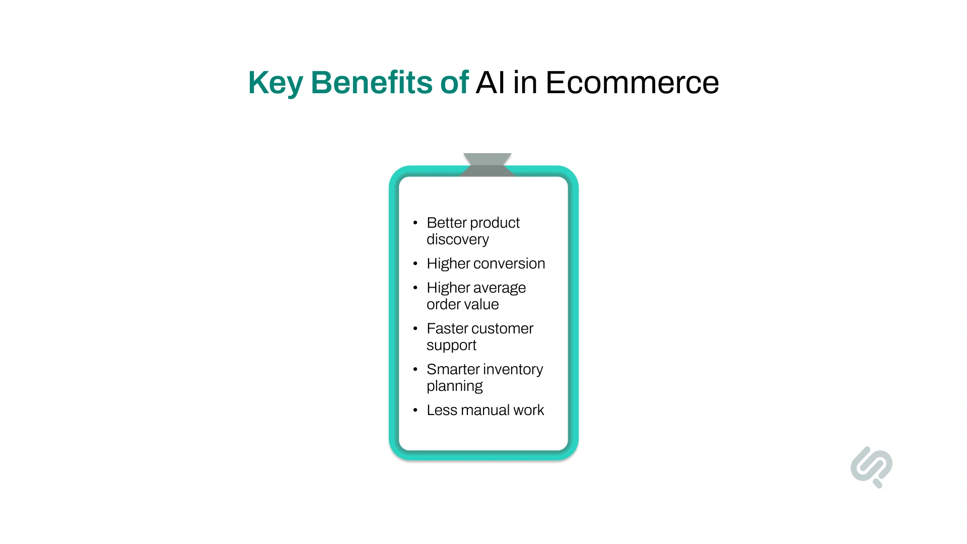 Infographic highlighting key benefits of AI in ecommerce, including better product discovery, higher conversions, faster customer support, smarter inventory planning, and reduced manual work.