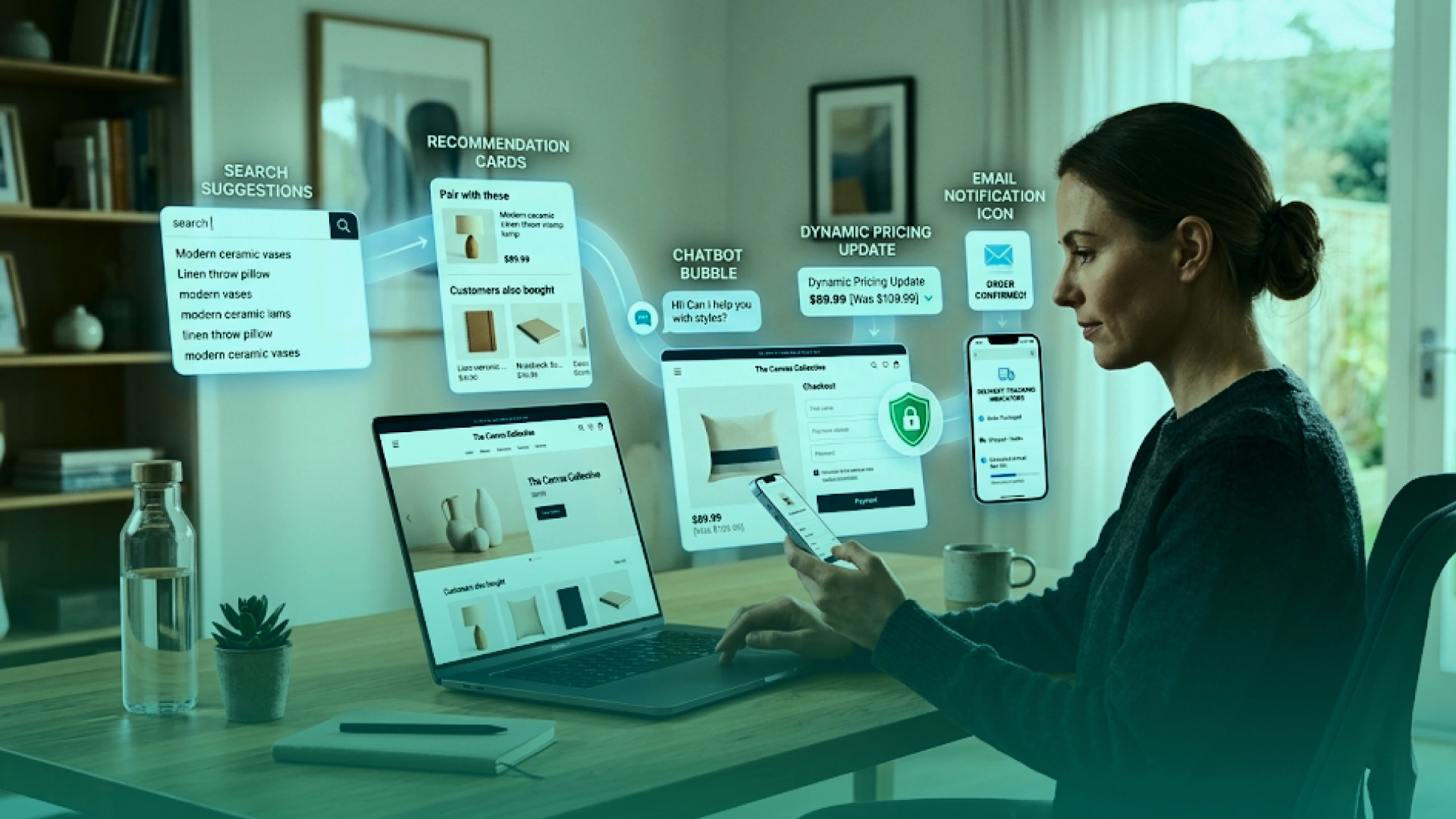 AI solutions for ecommerce showing personalized product recommendations, smart search, chatbots, dynamic pricing, secure checkout, and order notifications.