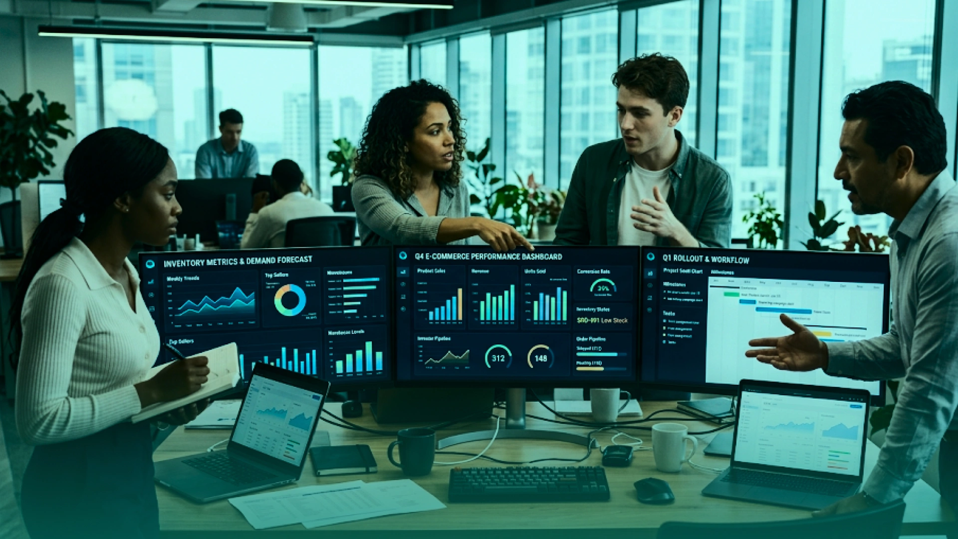 Ecommerce team reviewing AI-powered inventory metrics, demand forecasts, sales performance dashboards, and rollout plans.