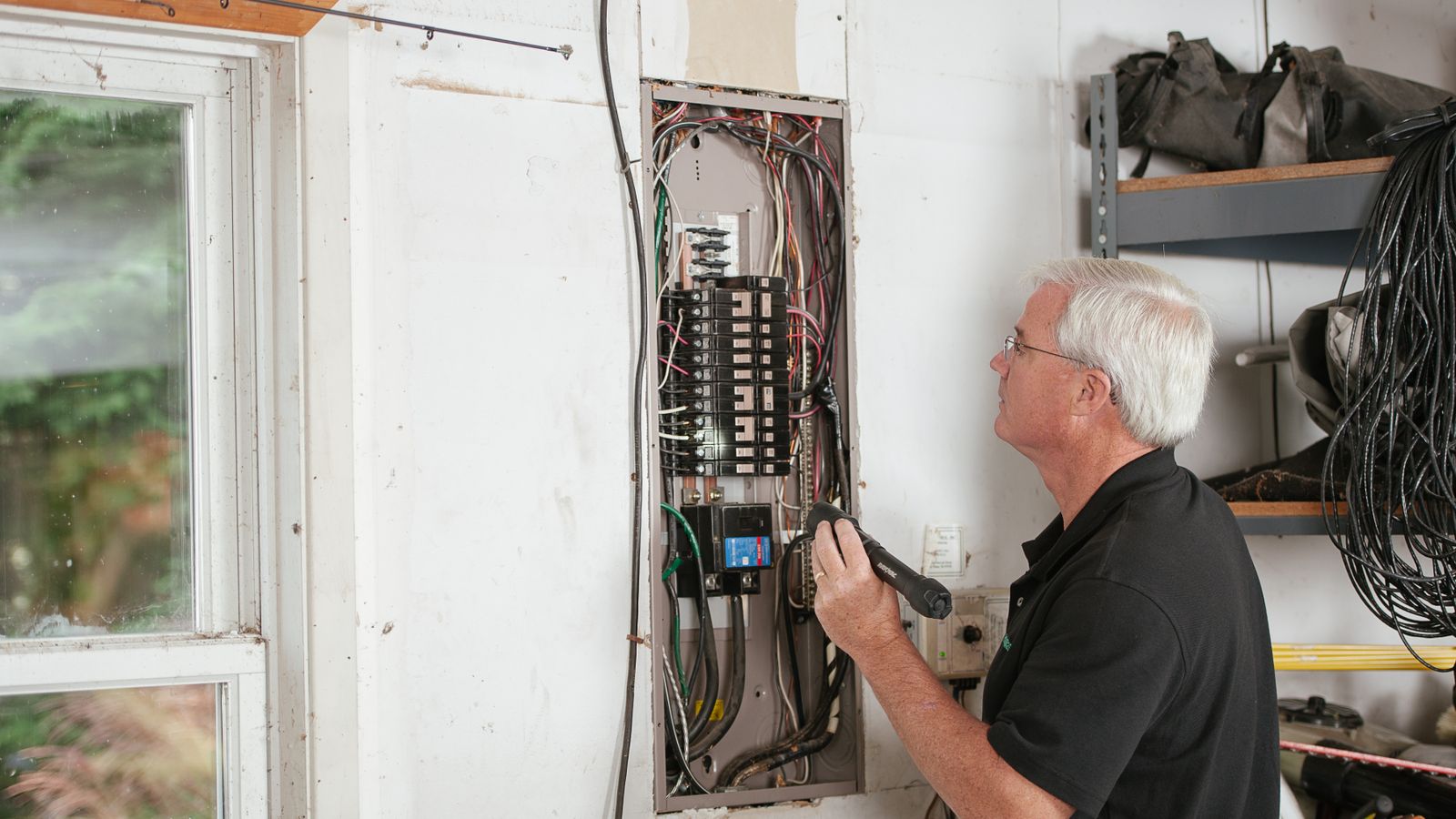 Électricien contrôlant le tableau électrique d’un logement vacant