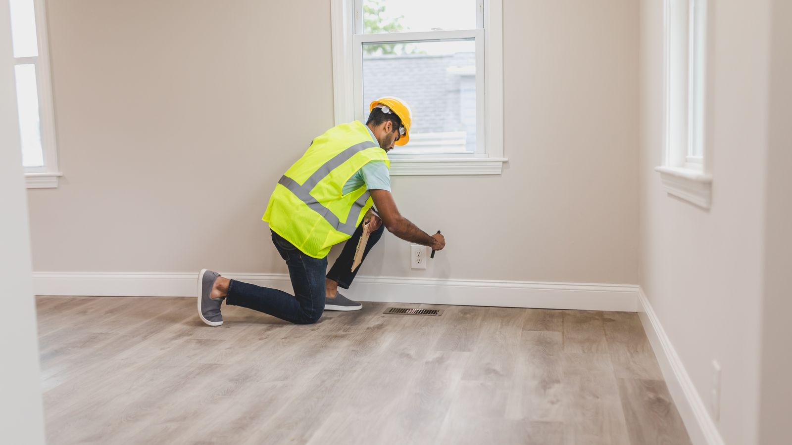 Professionnel contrôlant l’intérieur d’une maison avec une tablette
