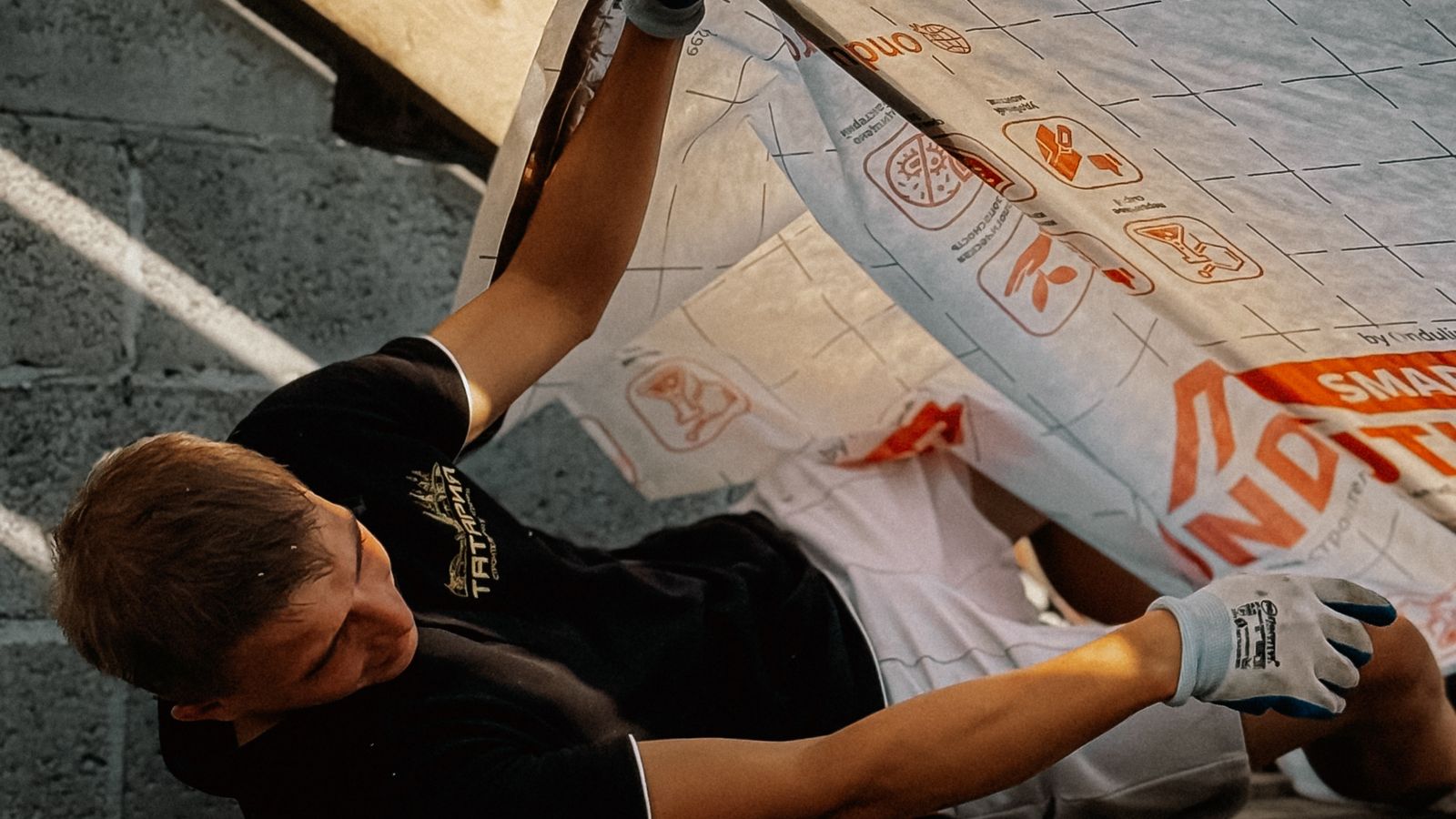 Artisan installant un isolant sur une toiture en chantier
