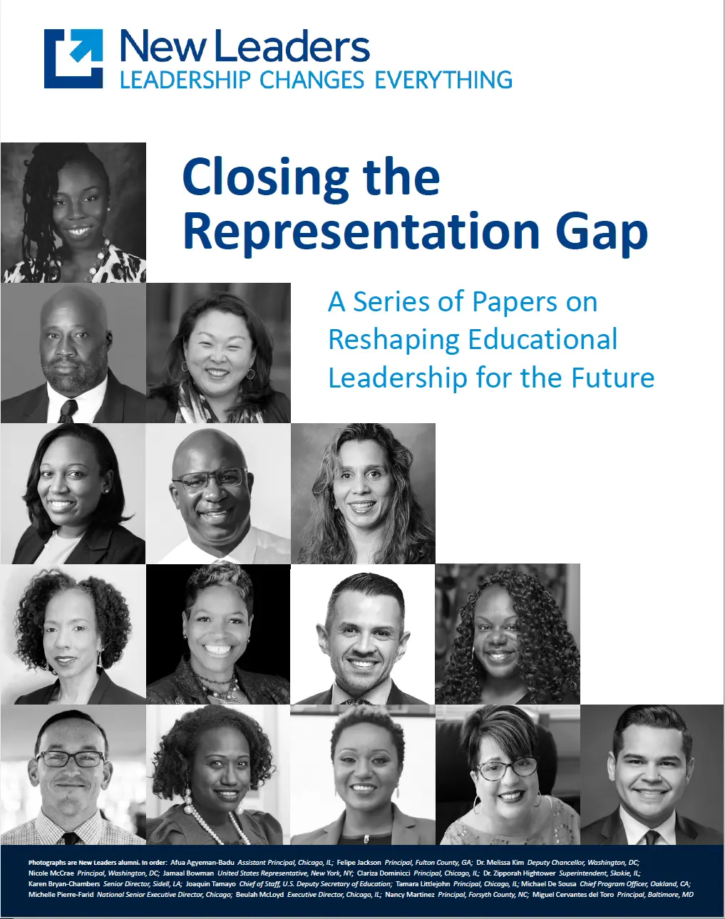 A poster with a collage of teacher portraits with heading: Closing the Representation Gap