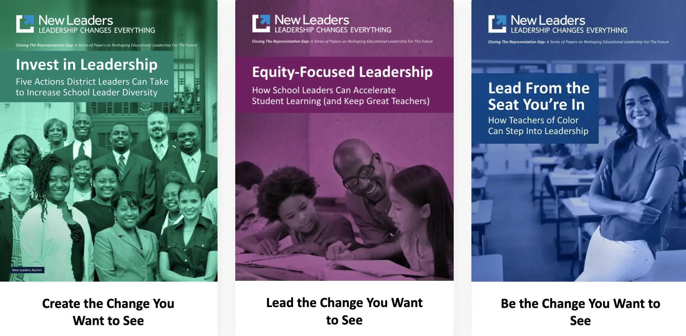 Three New Leaders posters in a row with different colors, pictures and headings