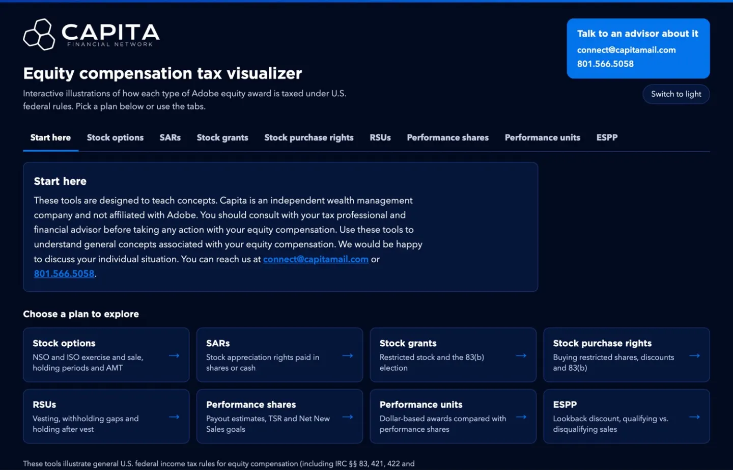 The Adobe Equity Tax Visualizer showing the eight equity plans you can explore