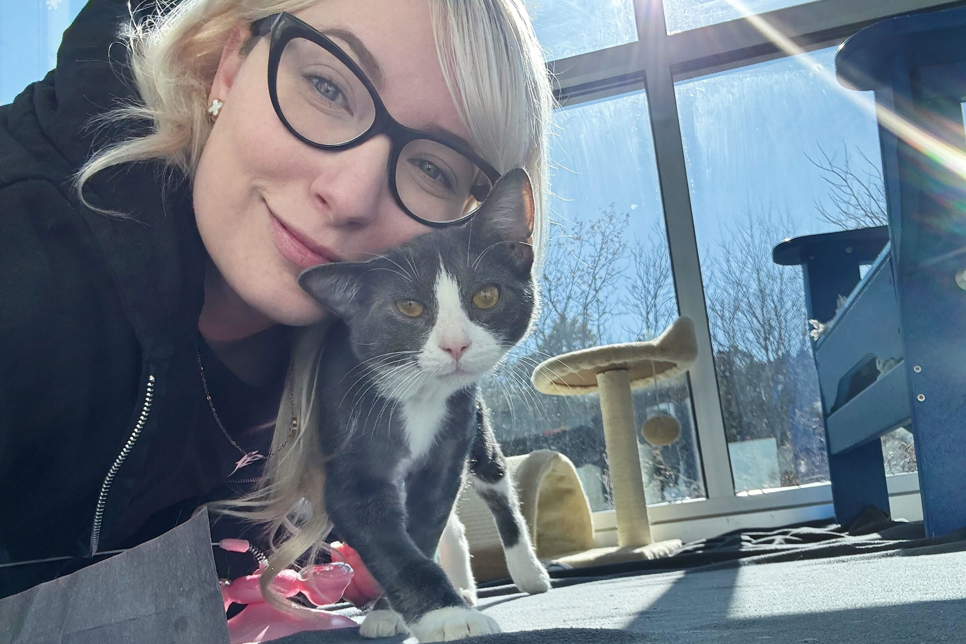 Woman in glasses hugging a gray kitten