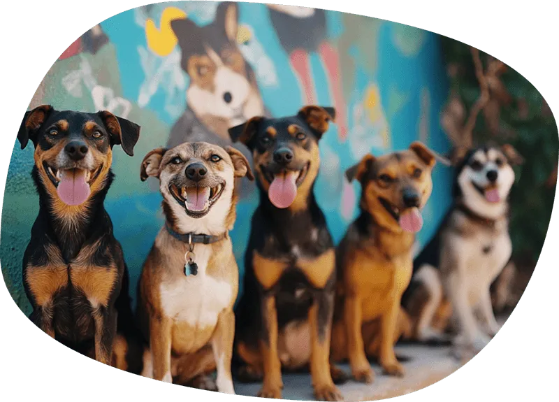A row a smiling shelter dogs against a mural painting of more dogs.