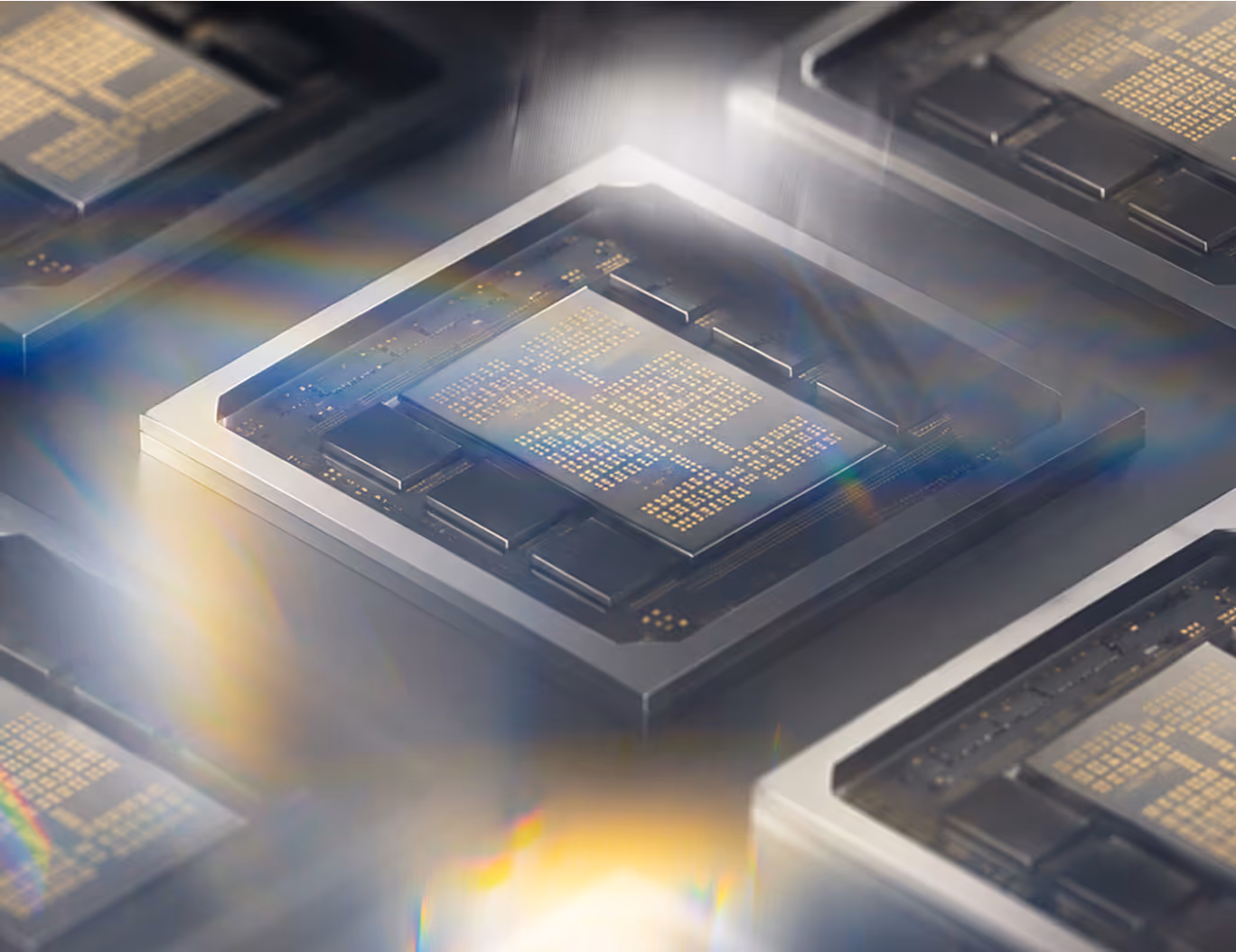 Close-up of multiple computer chips with glowing gold circuitry and light reflections.