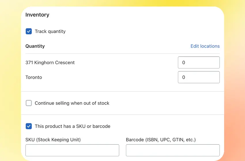 Quantity tracking screen of Shopify.