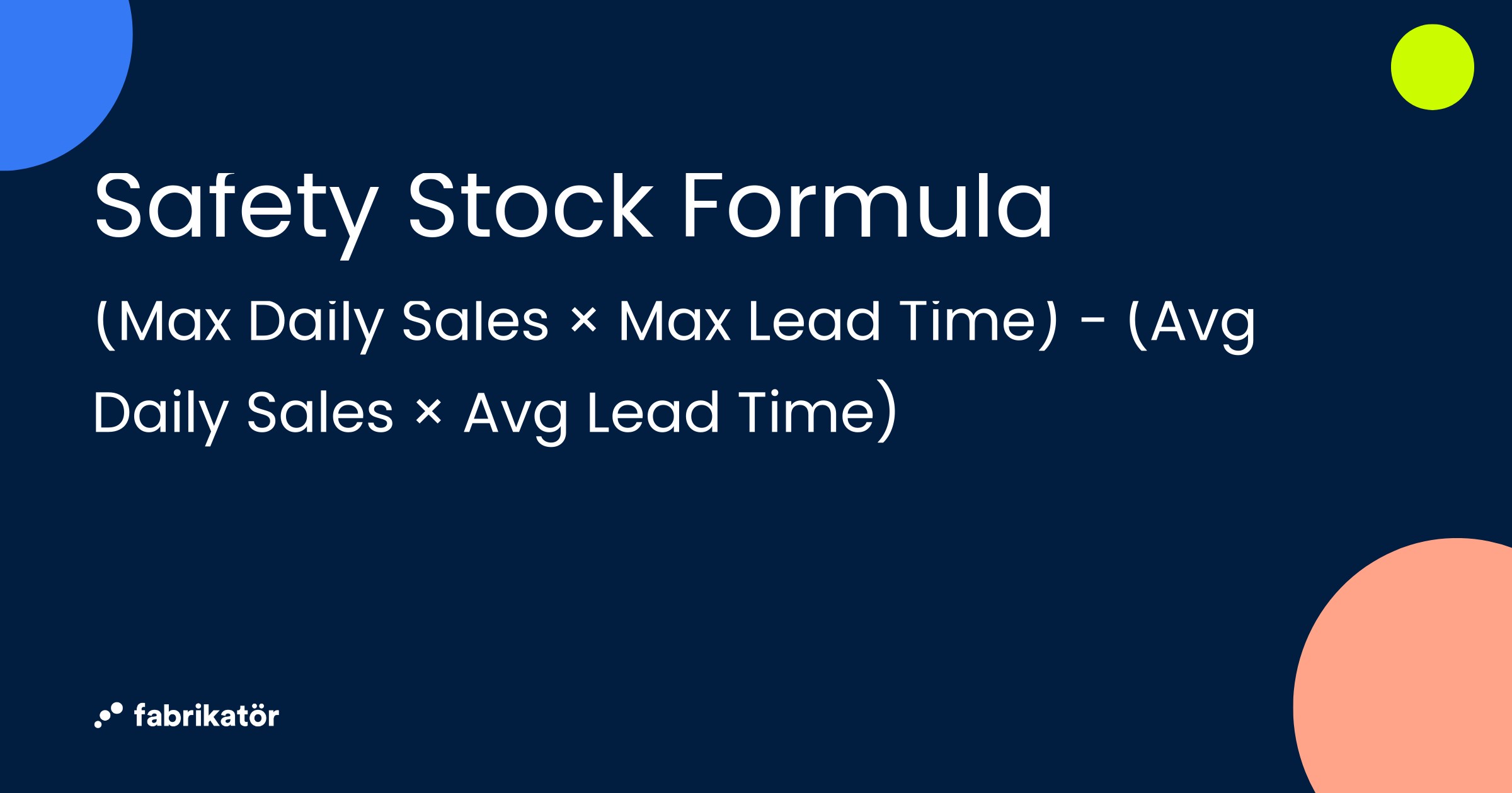 Safety Stock Formula: (Max Daily Sales × Max Lead Time) − (Avg Daily Sales × Avg Lead Time)