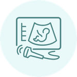 Ultrasound scan showing a fetus inside a womb with an ultrasound device below.