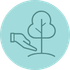 Icon of an open hand holding a small plant with two leaves inside a teal circle.