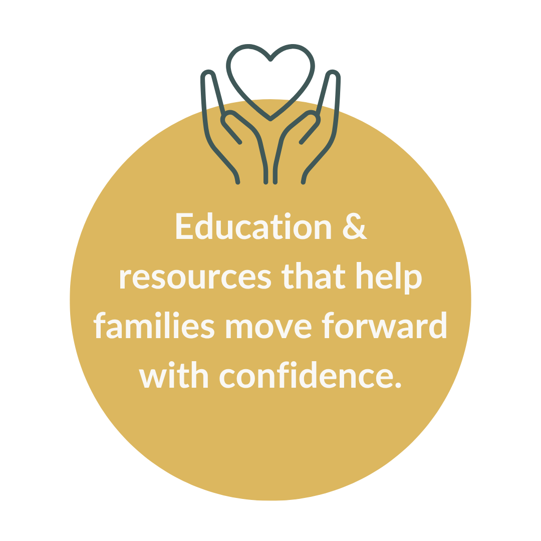 Graphic of two hands holding a heart above text that reads We help you understand your options and next steps inside a gold circle.