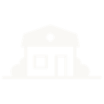 Simple white house icon with a door, window, and bushes on each side.