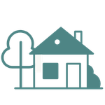 Icon of a house with a tree to the left and a chimney on the roof.