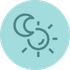Icon showing a crescent moon and sun with rays inside a teal circle.