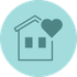 Icon of a house with a heart beside it symbolizing home support or care.
