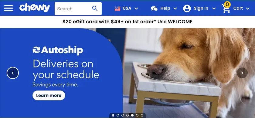 screenshot of chewy website featuring a dog