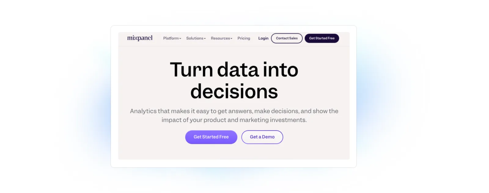 Mixpanel home page screenshot