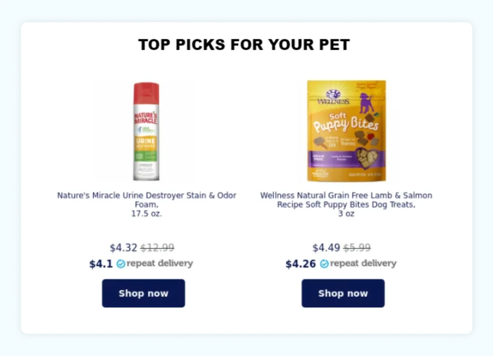 A screenshot of pet items shopping cart with the line "Top Picks for Your Pet"