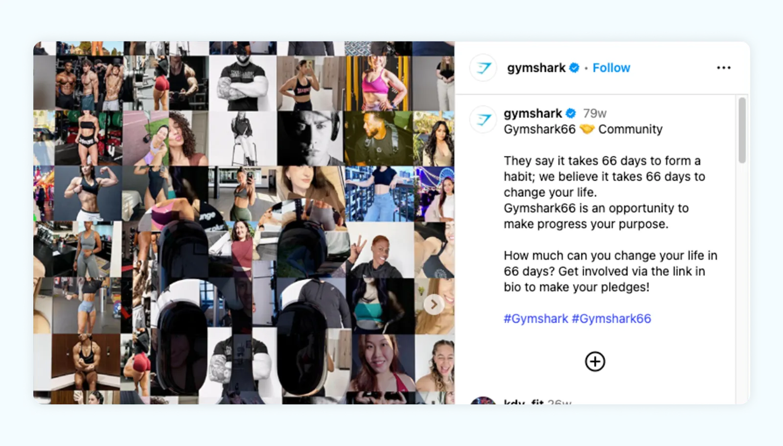 A screenshot of an Instagram post from Gymshark, celebrating their Gymshark66 community.