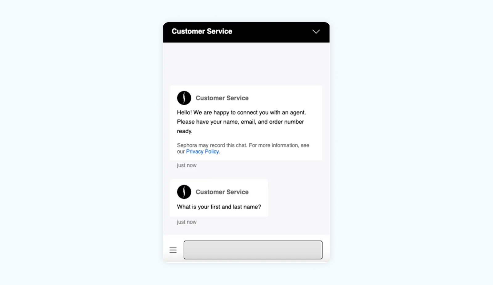A screenshot of a live chatbot for customer service. 