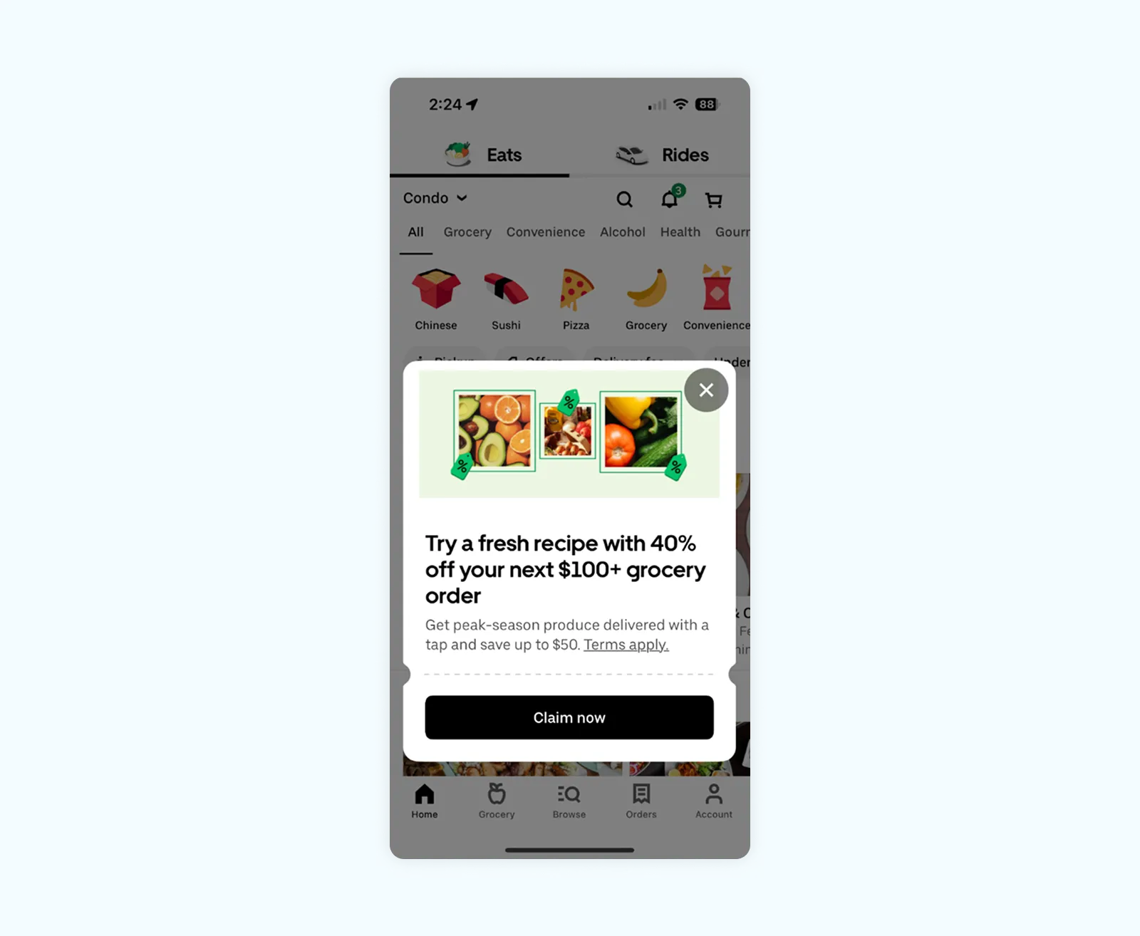 A screenshot of Uber Eats order page with a behavior-triggered message to "Try a fresh recipe with 40 off your next $100+