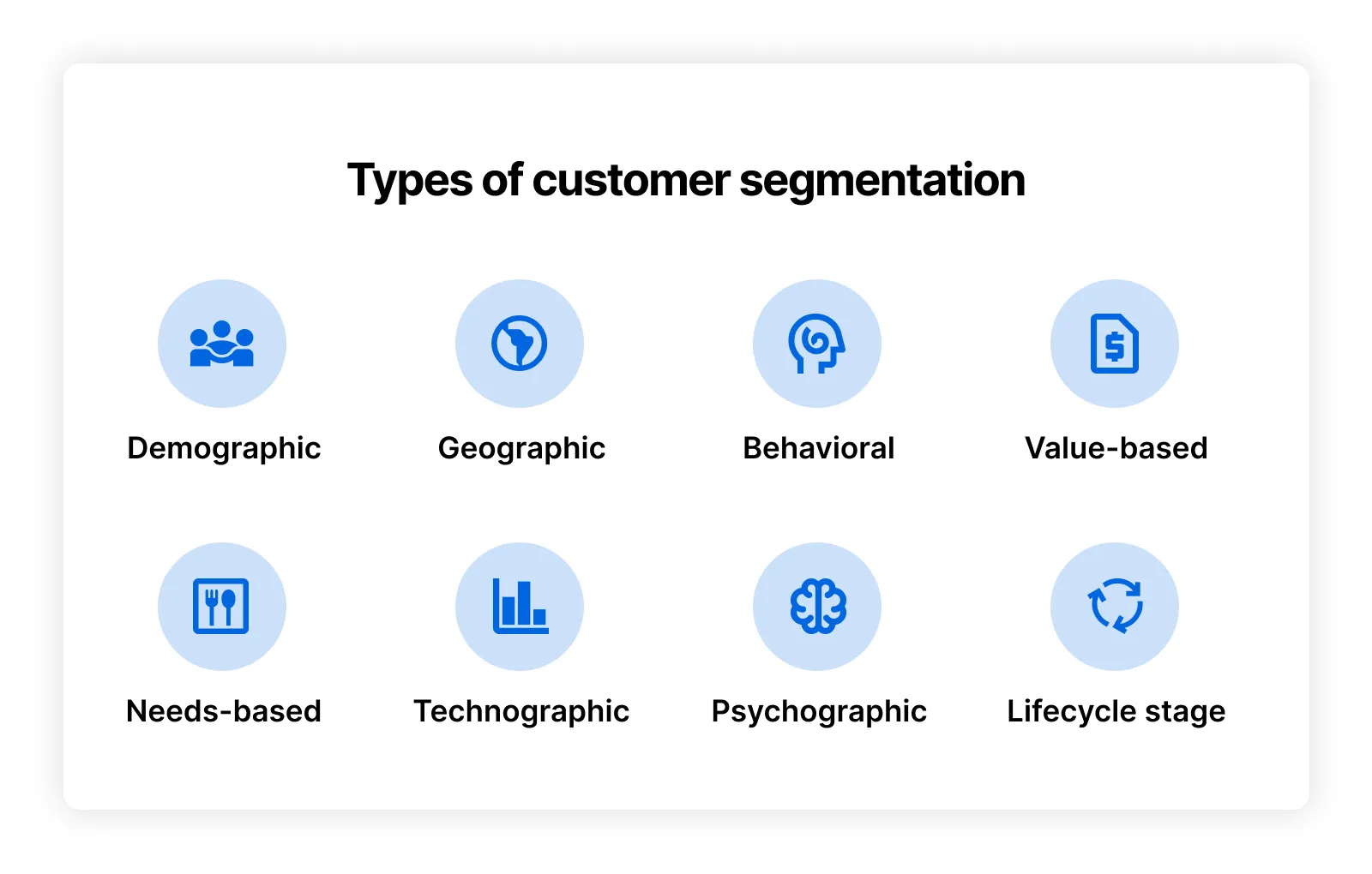 A chart showing the different types of customer segmentation as icons