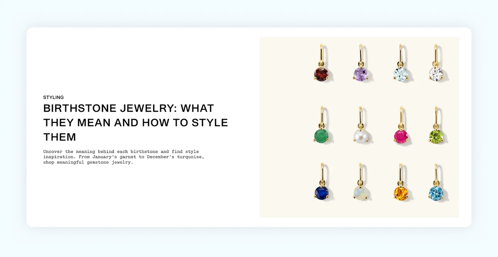 A screenshot of Mejuri jewelry hero section saying "Birthstone Jewelry."