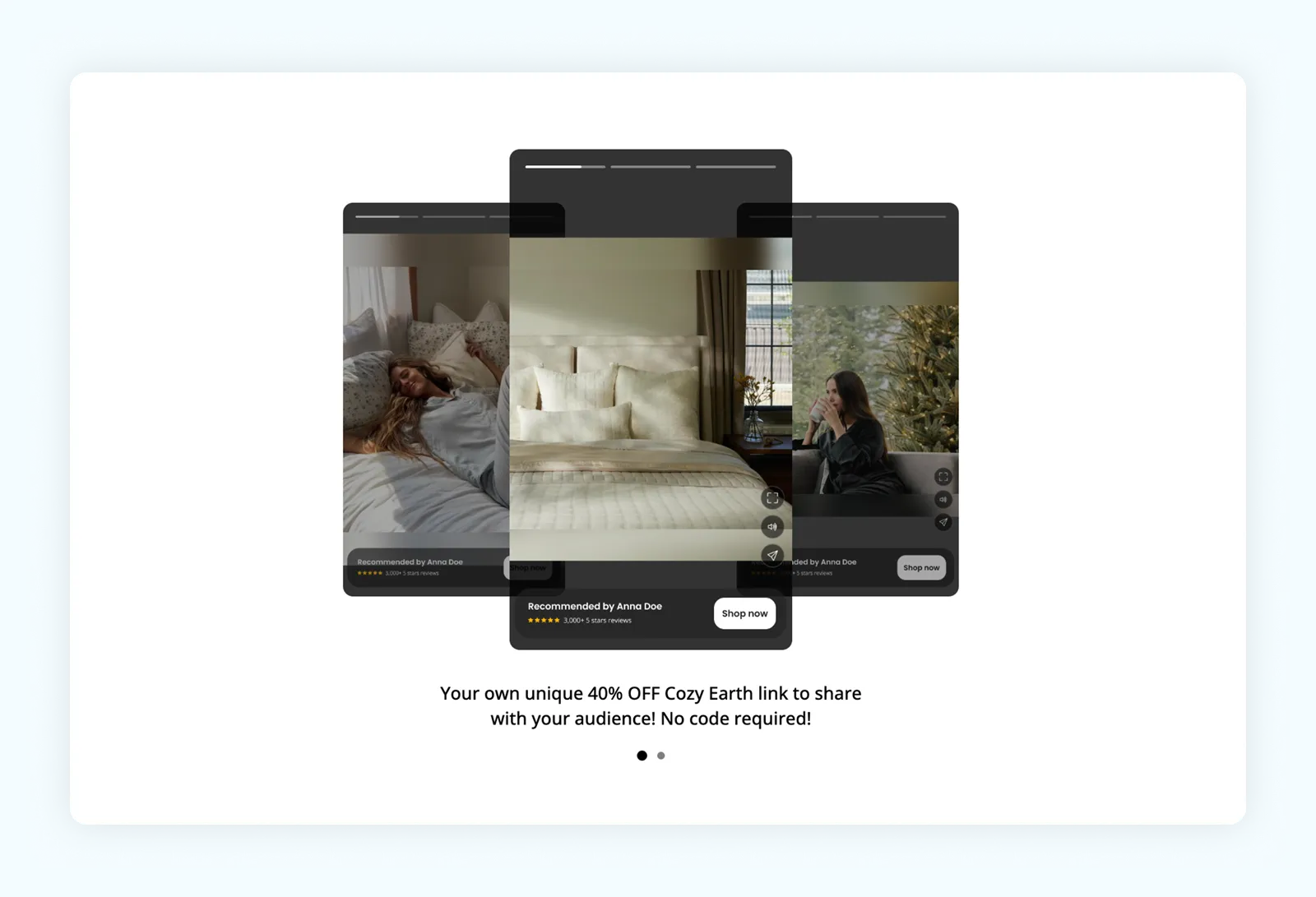 A screenshot o Cozy Earth, with images of cozy beds, bed linen, and bedrooms, with women sleeping peacefully and sipping coffee.