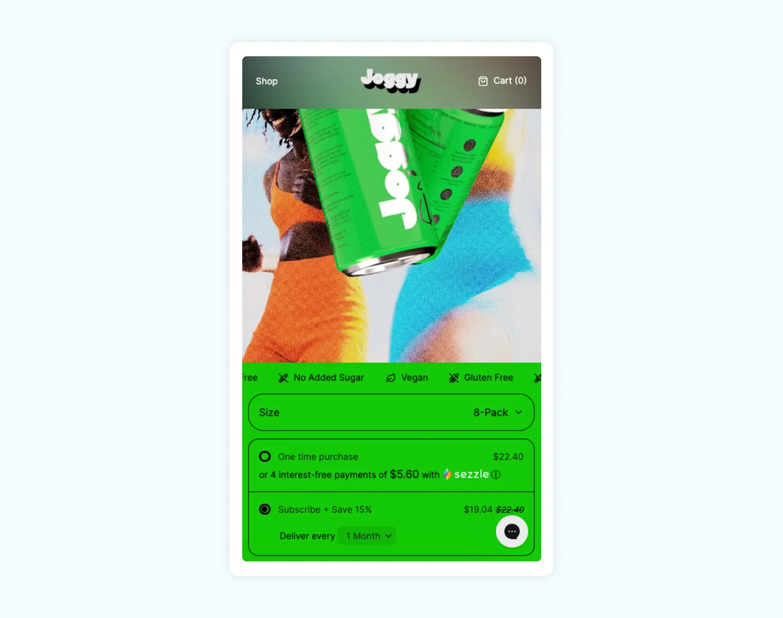 A screenshot of Joggy app, with vibrant colors, showcasing a way to Subscribe and Save.