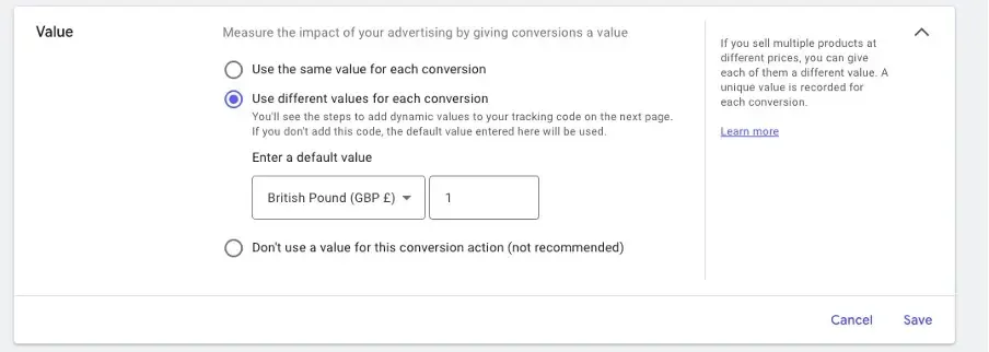 A screenshot of setting up "Value" in Google Ads.
