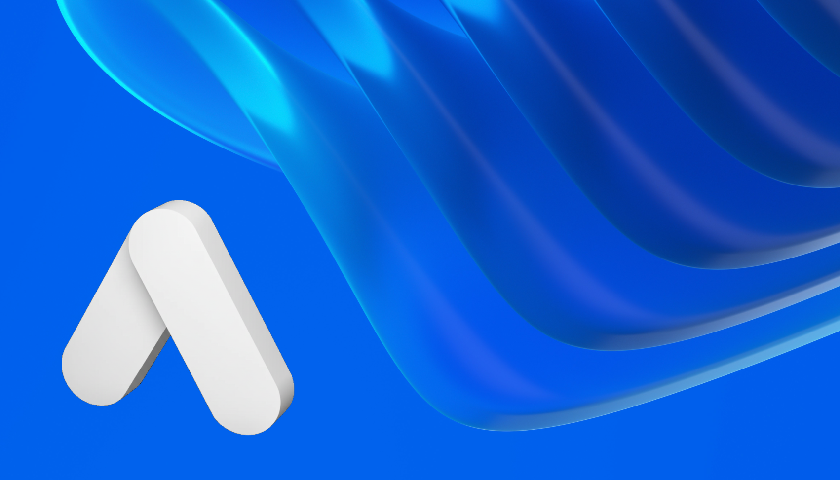 A white, three-dimensional chevron shape is set against a bright blue background with translucent, curved blue layers.