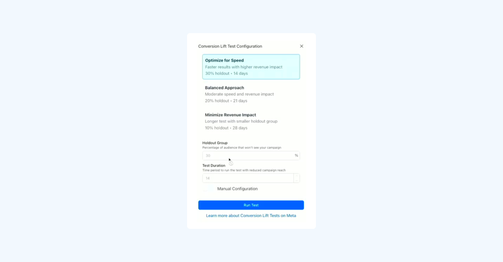 A screenshot within an interface showing the configuration for a Conversion Lift Test, with "Optimize for Speed" highlighted.