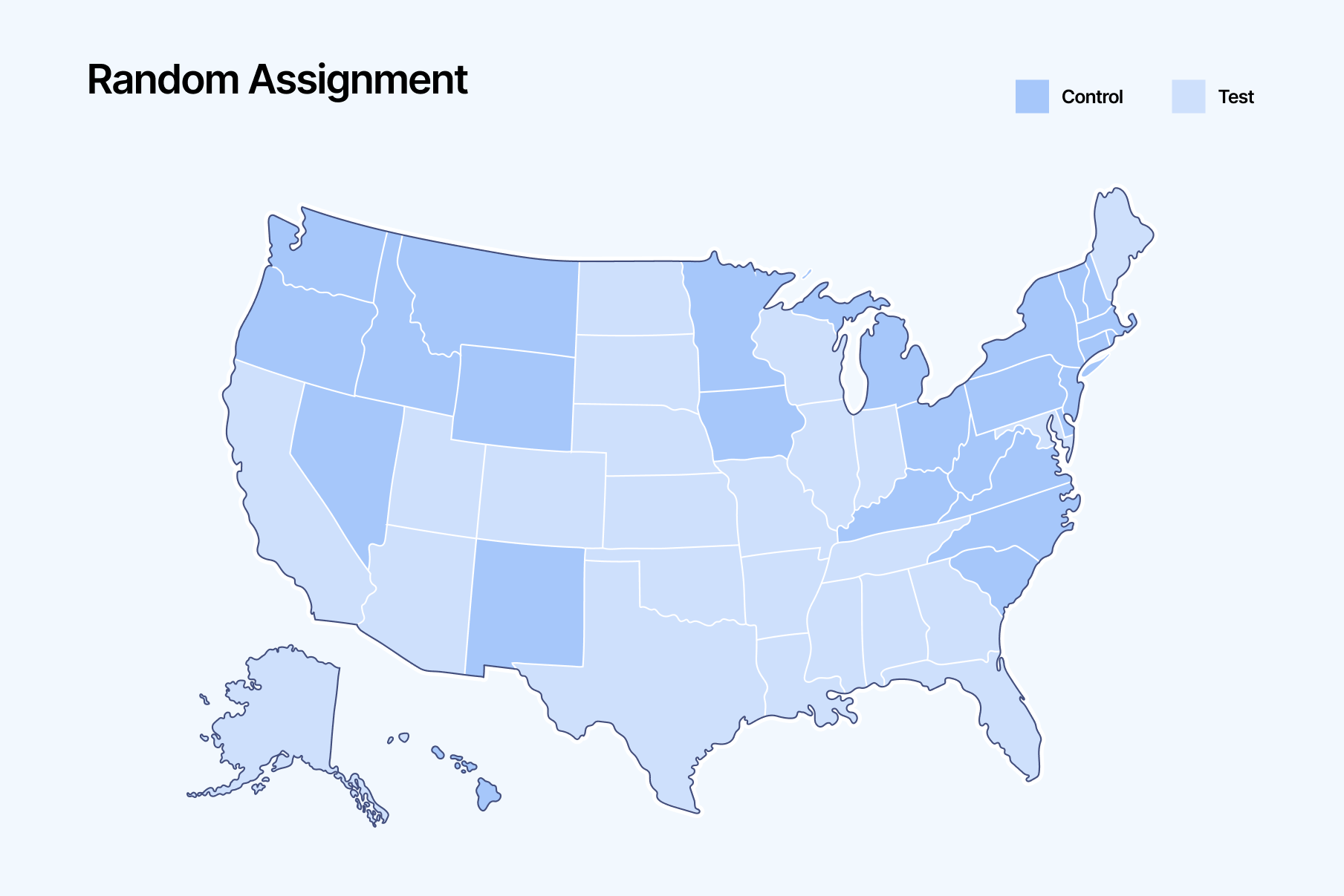 U.S. Map showcasing "Random Assignment" featuring Test v Control with half of the states as "control" and half of the states as "test"