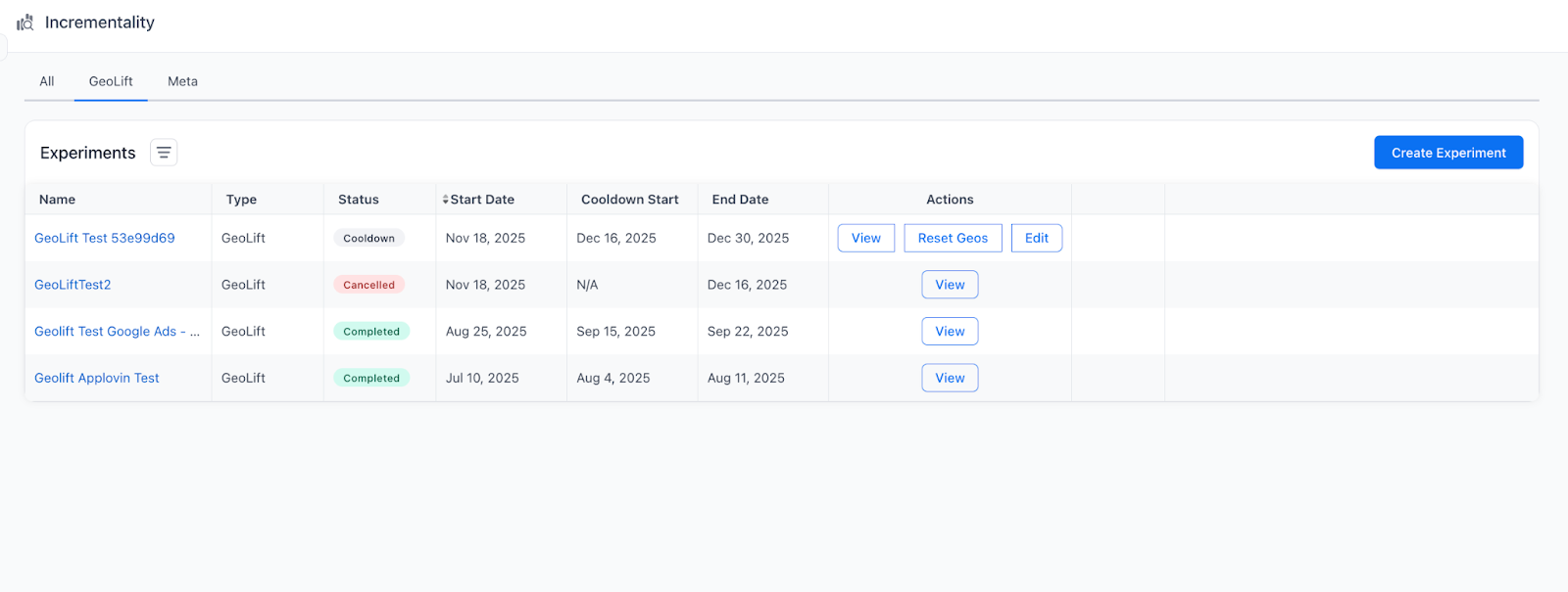 Screenshot of a GeoLift experiment inside Triple Whale