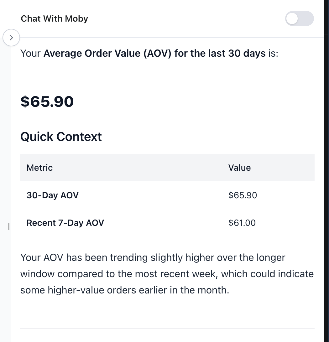 Chat with Moby about AOV data