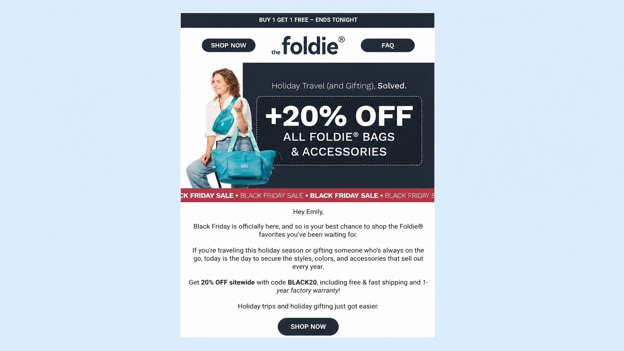 Image showing a BFCM email promotion for the company Foldie