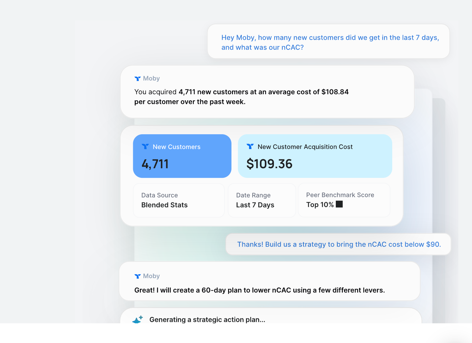 Example chat with Moby AI asking "Hey Moby, how many new customers did we get in the last 7 days, and what was ur nCAC?