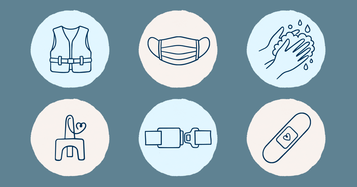 Illustrated icons of harm reduction tools (hand-washing, band-aid, seat belt, face mask)