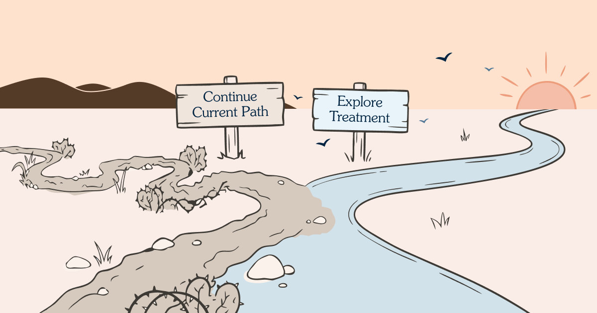 Illustration of a fork in the road with signs reading "Continue Current Path" and "Explore Treatment," symbolizing a decision about seeking care.