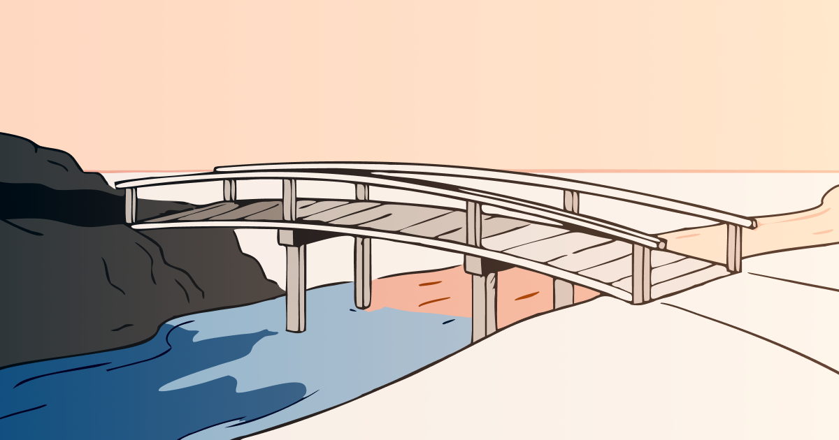 an illustration of a bridge between a light peach colored bank and a dark blue bank.