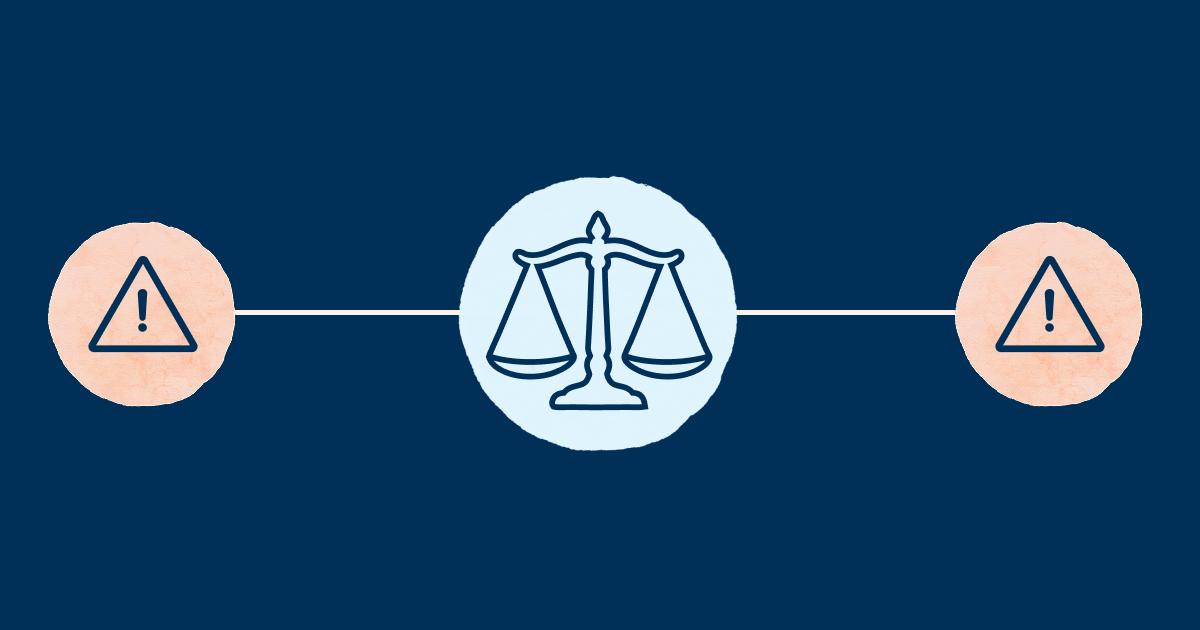 illustration of an old fashioned scale in a blue circle with two caution triangles on either side of it