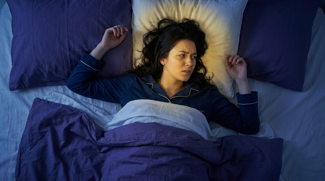 Exhausted woman laying in bed after sleeping through the night.